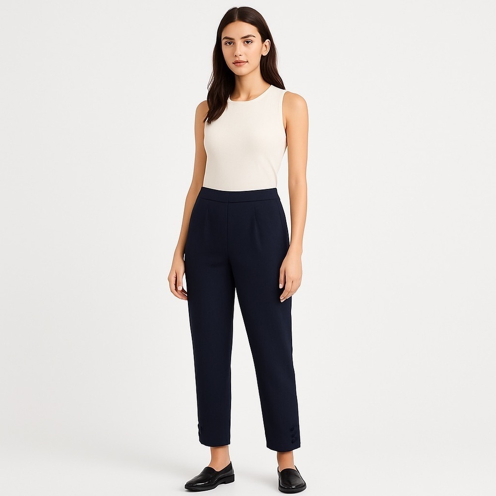 J Jill Linen Stretch Pull On Pants Button Cuff Navy Medium